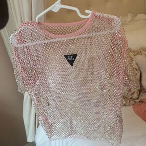 Lola + The Boys Pink and Silver Mesh Top